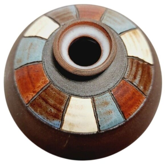 Hand Turned Studio Art Pottery Clay Weed Vase Multicolor Enamel Signed Base - Picture 6 of 8